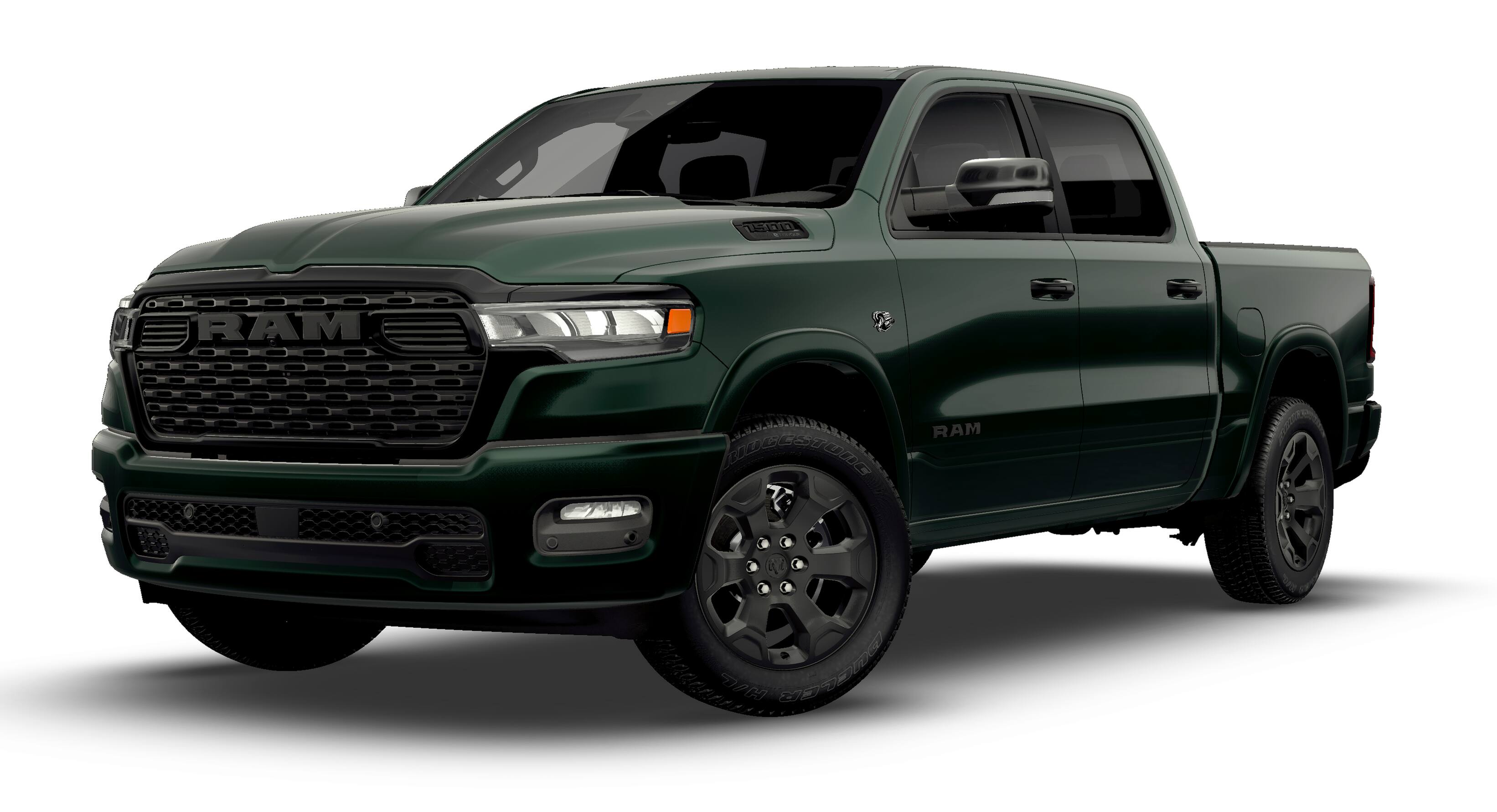 2026 RAM Ram 1500 RAM 1500 BIG HORN CREW CAB 4X4 5'7' BOX in Serrano-Green Metallic Exterior Paint — front three-quarter view