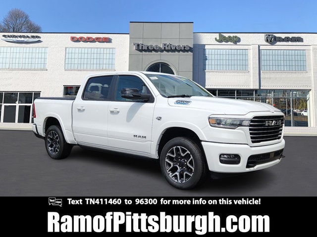 2026 RAM 1500 RAM 1500 LARAMIE CREW CAB 4X4 5'7' BOX in Bright White Clear-Coat Exterior Paint — front three-quarter view