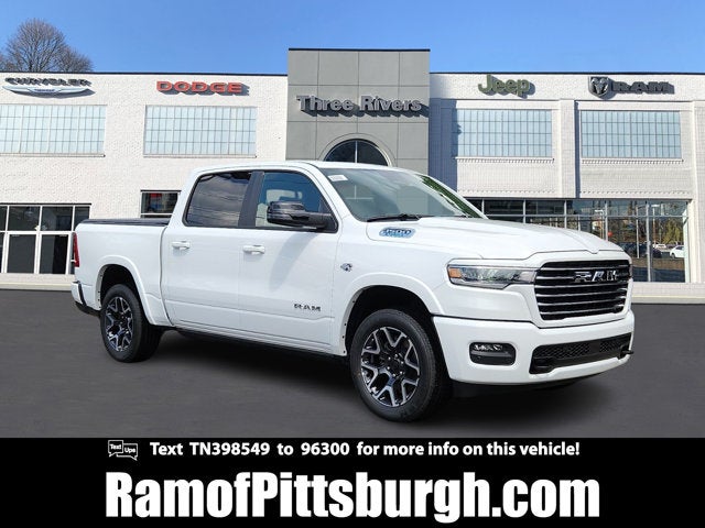 2026 RAM 1500 RAM 1500 LARAMIE CREW CAB 4X4 5'7' BOX in Bright White Clear-Coat Exterior Paint — front three-quarter view